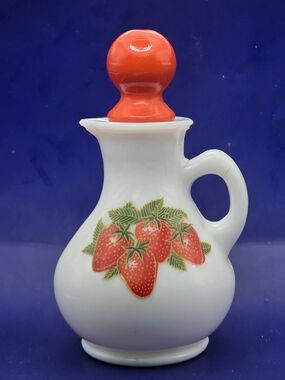 1970s Avon Milk Glass Strawberries & Cream Bath Foam Decanter, Retains Scent